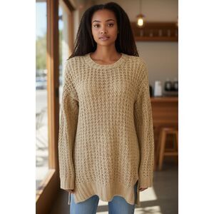 Rue 21 Womens Pullover High-Low Tunic Size Small Taupe Crochet Knit Sweater